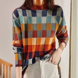 Autumn Checkerboard High Neck Sweater